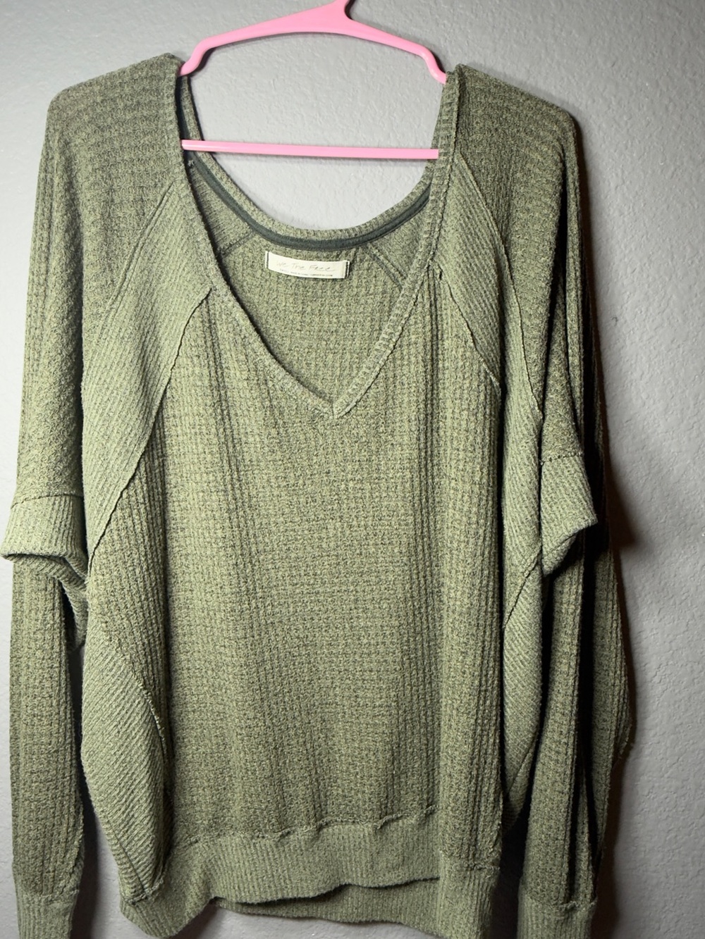We The Free Sage Green V-Neck Waffle Knit Pullover